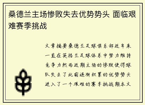 桑德兰主场惨败失去优势势头 面临艰难赛季挑战