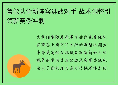 鲁能队全新阵容迎战对手 战术调整引领新赛季冲刺