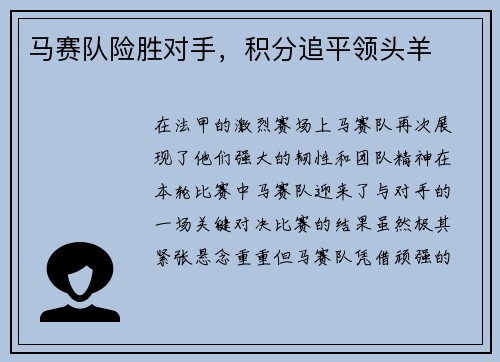 马赛队险胜对手，积分追平领头羊