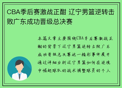CBA季后赛激战正酣 辽宁男篮逆转击败广东成功晋级总决赛